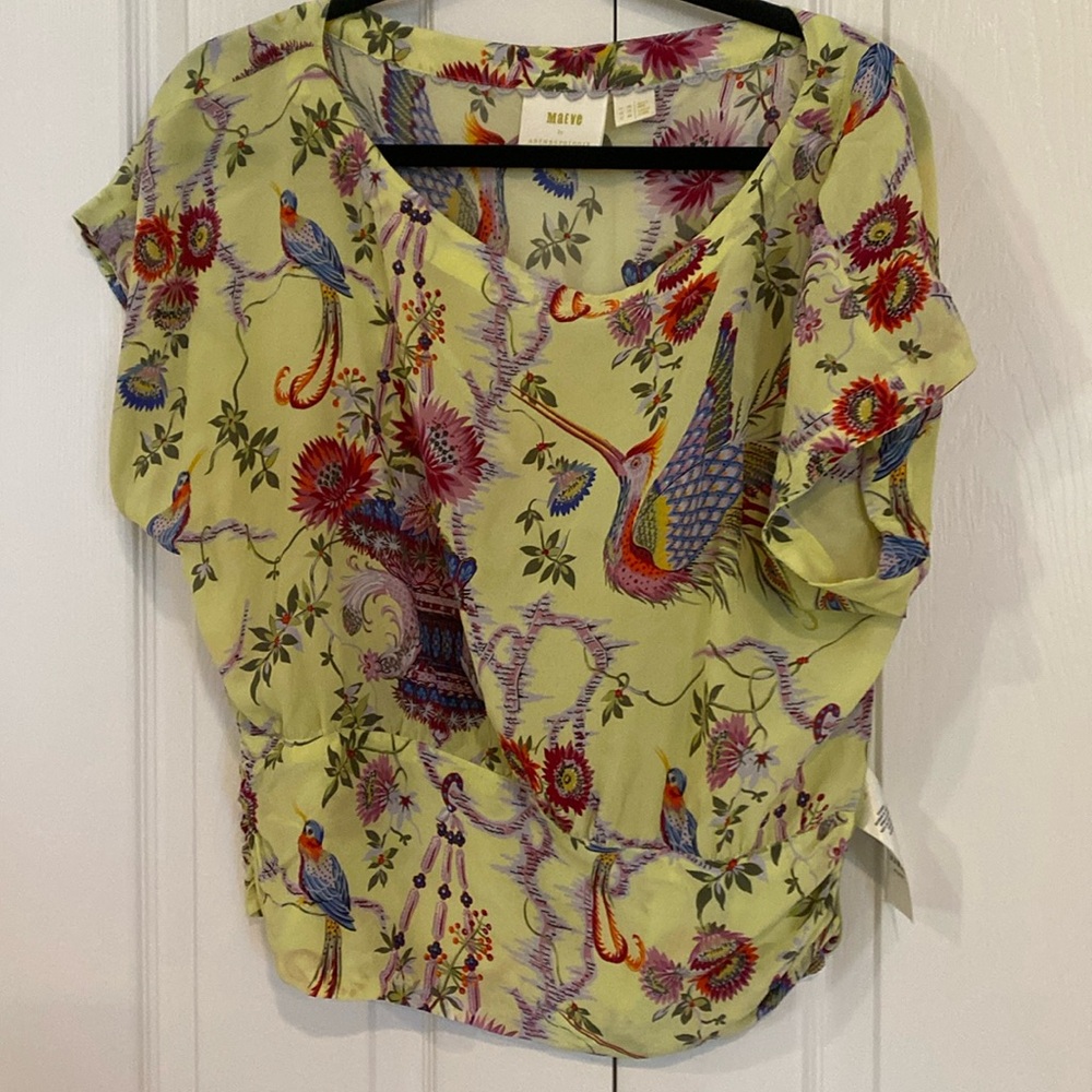 Lime green printed silk blouse by Maeve 
Anthropologie